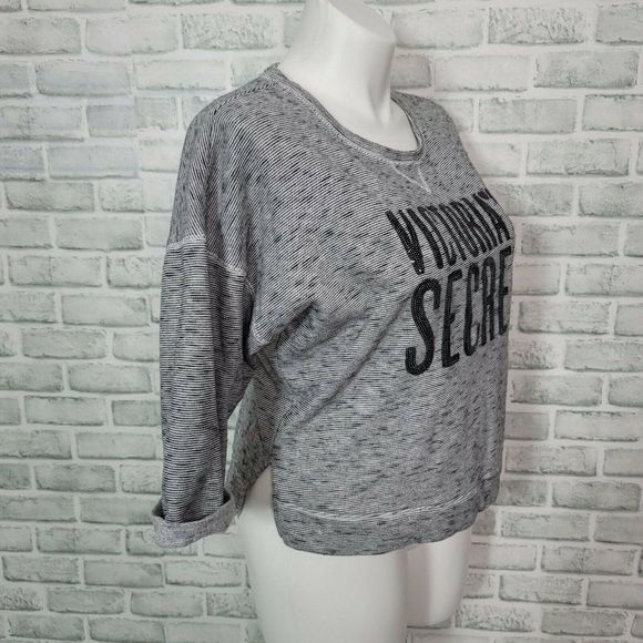 Victorias Secret Size L Black White Striped Sequin Logo Sweatshirt 3/4 Sleeve - Picture 5 of 7